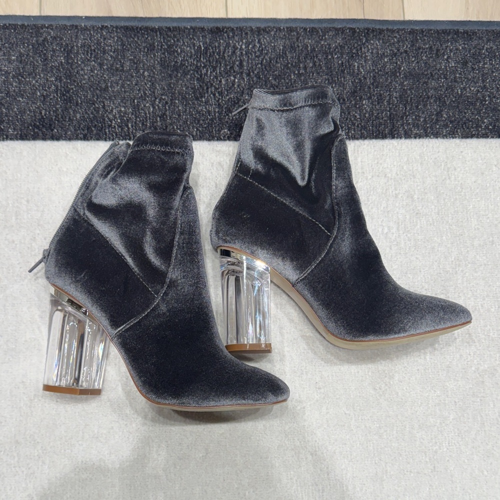 Charlotte Russe Velvet Heeled Boots with Transparent Block Heels